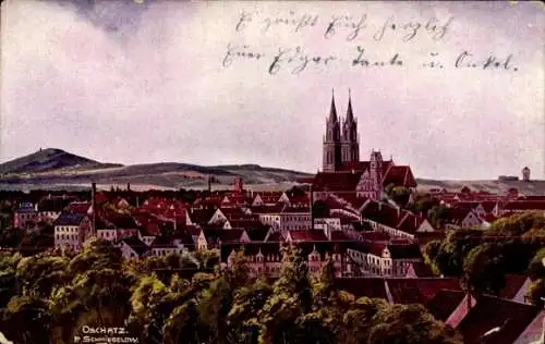 Ak Oschatz in Sachsen, Stadtansicht von  Kirchen und Häuser, grüne Landschaft