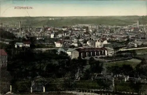 Ak Rosswein Roßwein in Sachsen, Stadtansicht von  Häuser, Berge im Hintergrund, Farbdruck