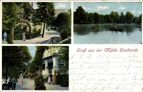Ak Lindhardt Naunhof Sachsen, Mühle, Wasseransicht, Boote, Personen im Garten, Farbige Ansichten