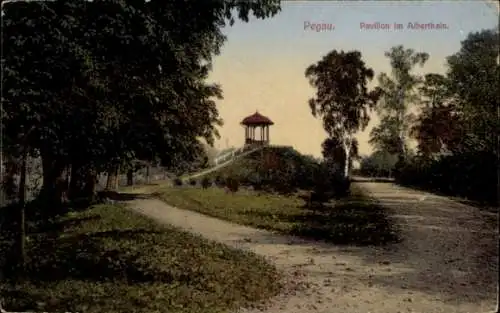 Ak Pegau in Sachsen, Pavillon im Alberthain, Weggabelung, Bäume, Landschaftsanblick