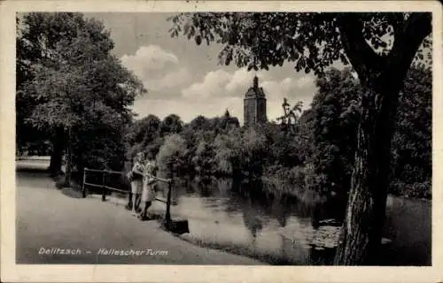 Ak Delitzsch in Sachsen, Hallescher Turm, Parklandschaft, Angler, Wasserlauf, Bäume