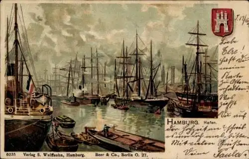 Ak Hamburg Altona Neumühlen Oevelgönne, Hafen mit Schiffen, historische Darstellung, Postkarte...