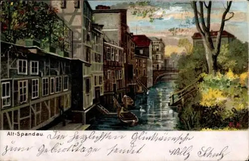 Ak Berlin Spandau, Alt- Landschaft mit Fluss, Häusern, Booten, Bäumen