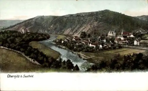 Ak Obernitz Saalfeld an der Saale Thüringen, Landschaft, Fluss, Berge, kleine Stadt, naturbela...