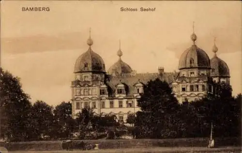 Ak Bamberg in Oberfranken, Schloss Seehof, historische Architektur, Gartenanlage, sepia-toned