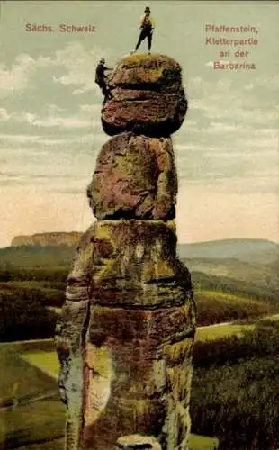 Ak Königstein an der Elbe Sächsische Schweiz, Sächs. Schweiz, Pfaffenstein, Kletterpartie an d...