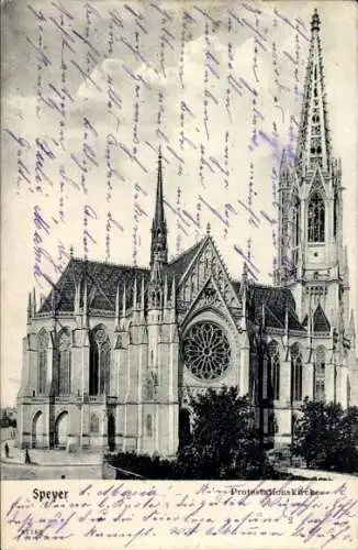 Ak Speyer am Rhein, Protestantische Kirche, gotische Architektur, Postkarte, handgeschrieben