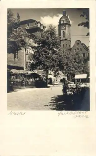 Ak Stendal in der Altmark, Stadtansicht, Turm, Bäume, Straßencafés, historische Gebäude