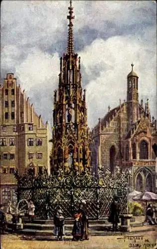 Ak Nürnberg in Mittelfranken, Schöner Brunnen, gotische Architektur, Menschen in der Szene, hi...