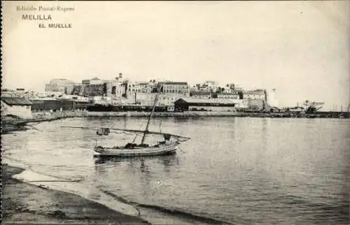 Ak Melilla Spanien, Hafenansicht, Stadtansicht, Boot auf dem Wasser