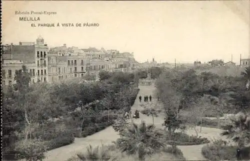 Ak Melilla Spanien, El Parque à vista de pájaro, historische Parkansicht, Schwarz-Weiß Foto