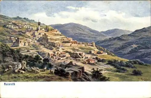 Ak Nazaret Nazareth Israel, Landschaft, Stadtansicht, Berge, Gebäude, Schafe