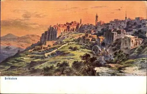 Ak Bethlehem Palästina, Blick auf  Berglandschaft, historische Architektur
