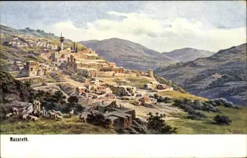 Ak Nazaret Nazareth Israel, Landschaft von  Bergige Gegend, Altstadt, Gebäude