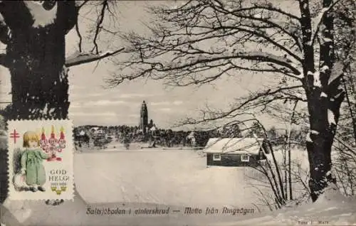 Ak Saltsjöbaden Schweden, Winterlandschaft, Kirche im Hintergrund, Weihnachtsstempel, schneebe...
