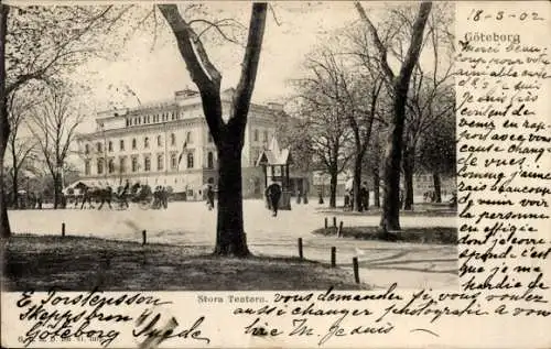 Ak Göteborg Schweden, Stora Teatern, Kutschen, Bäume, Postkarte, historische Architektur