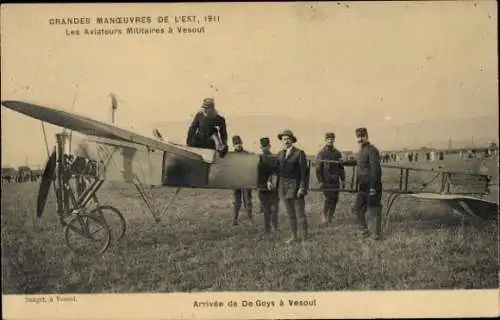 CPA Grandes manœuvres de l'Est de 1911, Aviateurs Militaires à Vesoul, Arrivée de De Goys