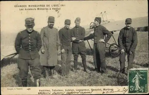 CPA Grandes manœuvres de l'Est de 1911, Aviateurs Militaires à Vesoul, Vedrines, Tabuteau, Aubrun