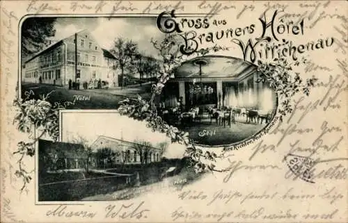 Ak Wittichenau in der Oberlausitz, Brauners Hotel, Gesamtansicht, Saal, Garten