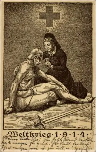 Künstler Ak Weltkrieg 1914, Krankenschwester versorgt verwundeten Soldaten, Rotes Kreuz