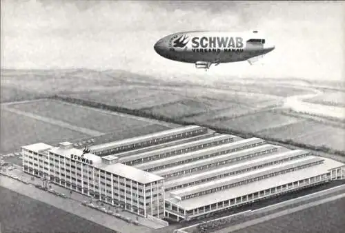 Ak Hanau am Main Hessen, Schwab Luftschiff über Großversandhaus