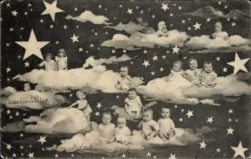 Litho Kinder als Engel auf Wolken am Sternenhimmel