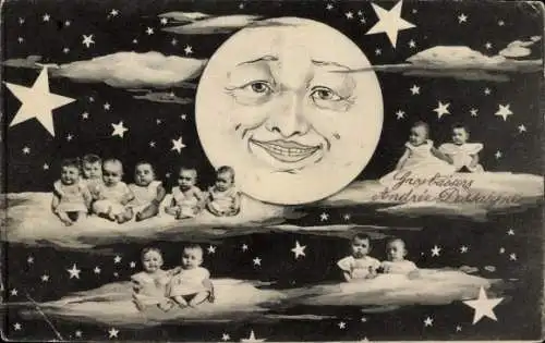 Ak Babys auf Wolken, Mond, Sternenhimmel, Fotomontage