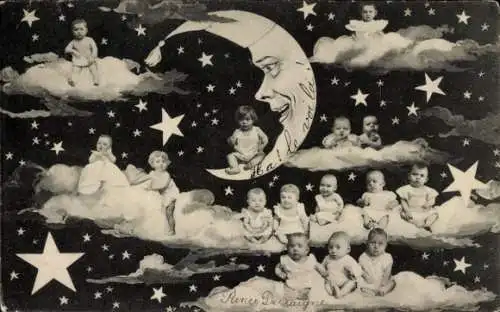 Ak Babys auf Wolken, Mondsichel, Fotomontage, Sterne, BKWI 810 4