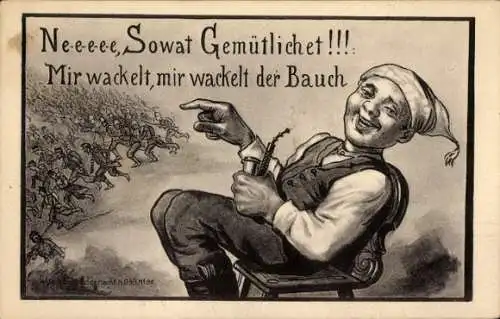 Ak So wat Gemütlichet, Mann mit Pfeife, Fliehende Soldaten von Schlachtfeld