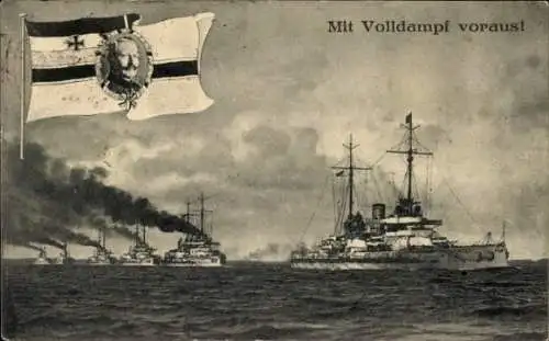 Ak Deutsche Kriegsschiffe, Mit Volldampf voraus, Fahne, Kaiser Wilhelm II.