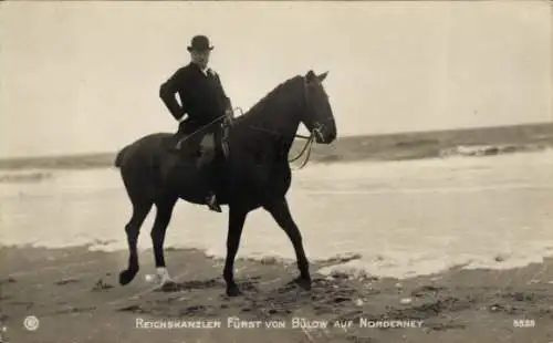 Ak Norderney in Ostfriesland, Generaloberst Karl von Bülow, Fürst zu Pferd am Strand, Portrait