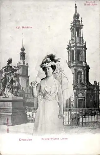Ak Dresden, Prinzessin Luise von Österreich Toskana mit Schirm, Kath. Hofkirche, Kgl. Schloss