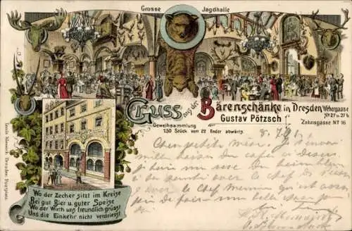 Litho Dresden Altstadt, Gasthaus Bärenschänke, Große Jagdhalle, Geweihsammlung, Gedicht, Webergasse