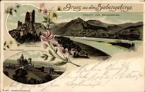 Litho Königswinter am Rhein, Ruine Drachenfels, Drachenburg, Rolandsbogen
