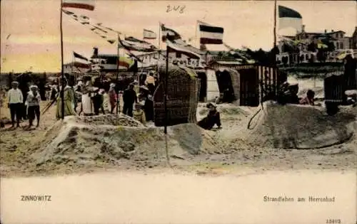 Ak Ostseebad Zinnowitz auf Usedom, Strandleben am Herrenbad, Menschen, Zelte, Flaggen