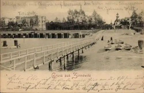 Ak Ostseebad Zinnowitz auf Usedom,  Strandpromenade, Boote, Jugendstilarchitektur
