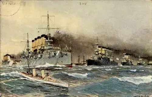 Künstler Ak Stöwer, Willy, Russische Kriegsschiffe im Anmarsch, I WK
