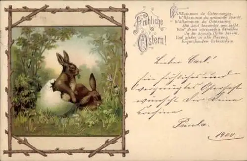 Ak Frohe Ostern, Osterhasen, Eierschale, Gedicht