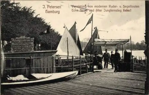 Ak Hamburg Mitte Neustadt, Ecke neuer und alter Jungfernstieg, J. Petersen, Vermietung Segelboote