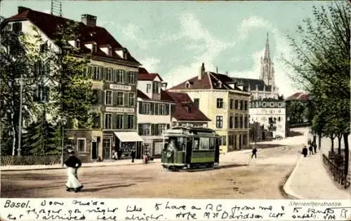 Ak Basel Stadt Schweiz, Steinenthorstraße, Straßenbahn