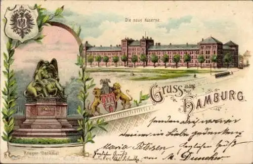 Litho Hamburg Altona, neue Kaserne, Kriegerdenkmal