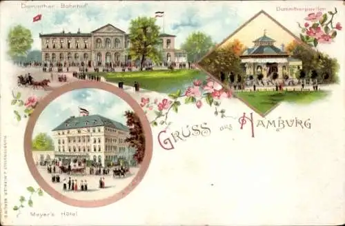 Litho Hamburg Eimsbüttel Rotherbaum, Dammtorbahnhof, Dammtorpavillon, Meyers Hotel