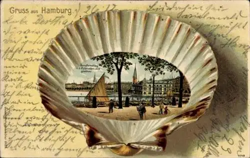 Muschel Passepartout Litho Hamburg, Jungfernstieg, Blick von den Colonnaden