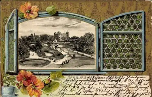 Präge Passepartout Litho Hamburg, Helgoländer Weg, Kersten Miles Brücke, Seewarte