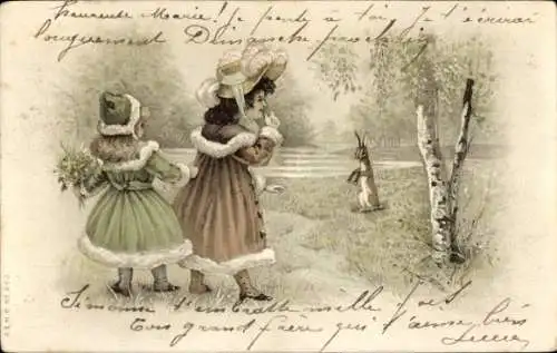 Ak Glückwunsch Ostern, Zwei Mädchen im Wald, Osterhase
