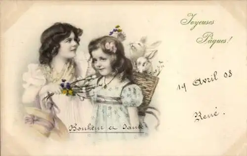 Ak Glückwunsch Ostern, Mutter mit Kind, Osterhasen, Weidenkätzchen