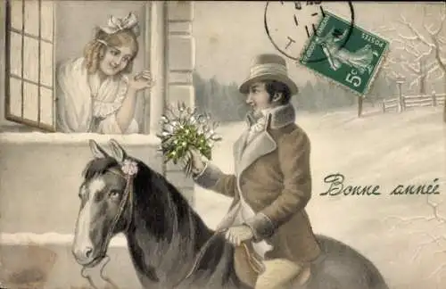 Ak Neujahr, Junge Frau, am Fenster stehend, Reiter, Blumen