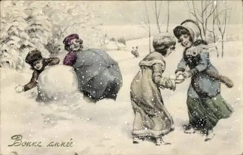 Ak Glückwunsch Neujahr, Schneeballschlacht