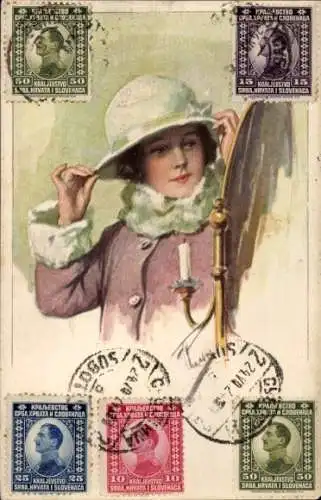 Ak Mädchen mit Hut posiert vor einem Spiegel