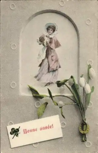 Ak Glückwunsch Neujahr, Frauenportrait, Schneeglöckchen